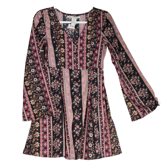 American Rag Cie Boho Mini Dress Women XS Pink Black Flared Sleeves Pockets - Picture 1 of 8
